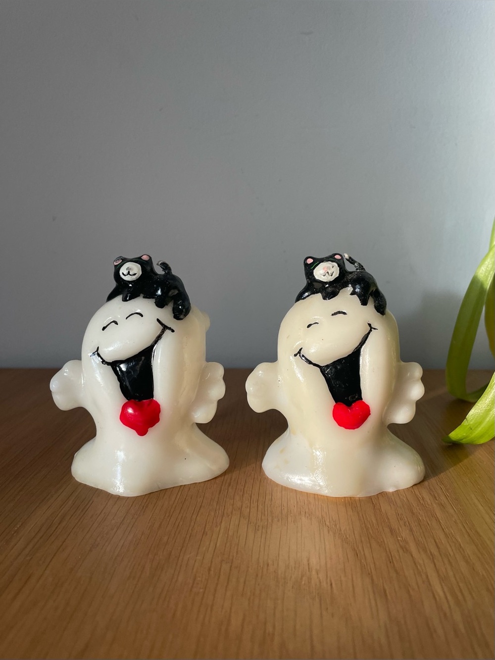 Vintage 1970s 1980s Halloween Happy Ghost Wax Candle Pair with Black Cat